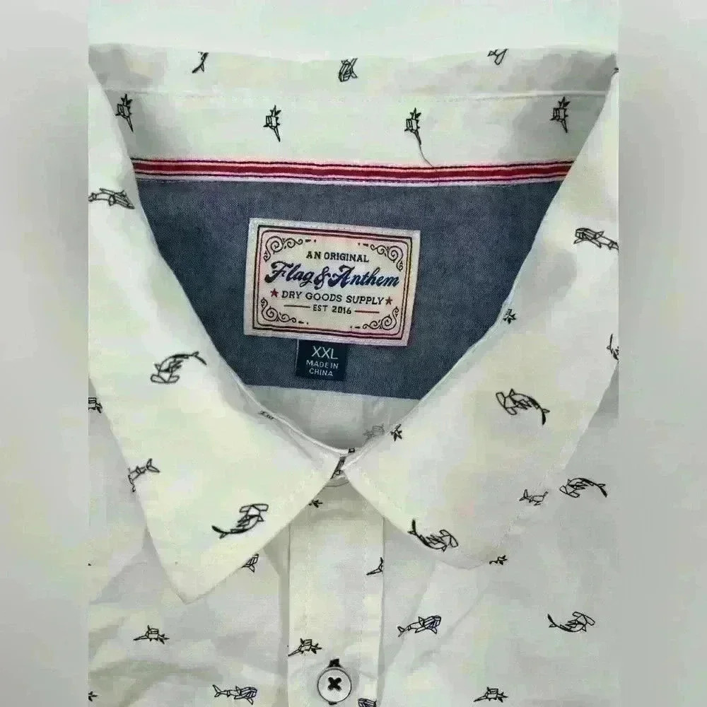Flag & Anthem Men's XXL Short Sleeve Shirt White & Blue Shark Design